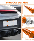 Spike Shape Anti Theft License Plate Screws Kit, 4 Pack, Aluminum Decorative Bolts and Fasteners, shown on car, orange finish
