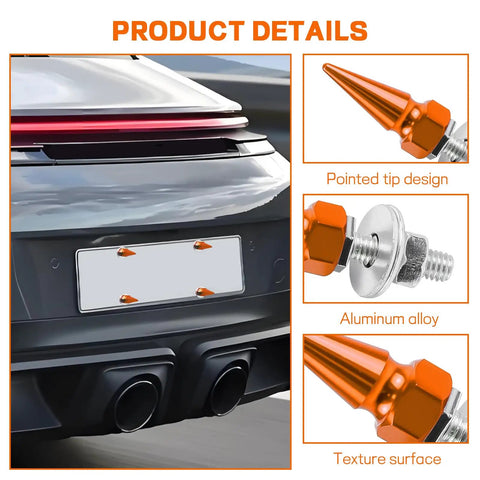 Spike Shape Anti Theft License Plate Screws Kit, 4 Pack, Aluminum Decorative Bolts and Fasteners, shown on car, orange finish