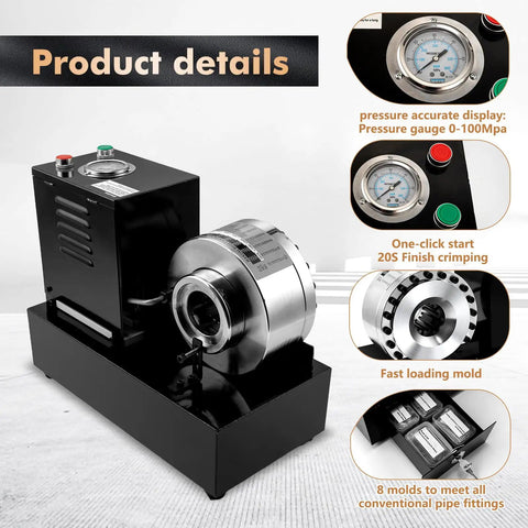 Electric Hydraulic Hose Crimper Tool Featuring Eight Precision Dies For Professional Auto Shop Pipe Fitting Knockout Crimp Power Real Deal Badass Results With Heavy Duty Reliable Build Style Sleek Finish pressure gauge and control panel