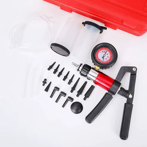 23 Piece Brake Bleeding Kit With Handheld Vacuum Pump Tester For Car Brake System Maintenance Red Includes Bleed Adapters And Master Cylinder Fittings For Quick Fluid Flush DIY Friendly, red case and adapters