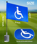 Magnetic Golf Cart Flag With Aluminum Base 9x6 Inch Handicap Flag Dual Mounting Positions shown on grass field with measurements.