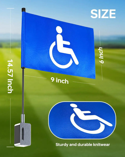 Magnetic Golf Cart Flag With Aluminum Base 9x6 Inch Handicap Flag Dual Mounting Positions shown on grass field with measurements.