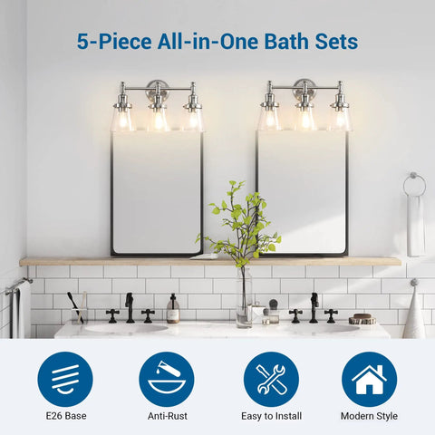 All In One 5 Piece Bathroom Light Set with 3 Light Brushed Nickel Vanity Light Glass Shades over double mirrors