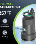 Compact One Quarter Horsepower Portable Water Pump That Delivers Up To 2110 GPH With A 25 Ft Head For Pool Basement Hot Tub And Garden Drainage 120V Electric Sump Pump With Garden Hose Check Valve Adapter, emphasizing thermal management at 257°F