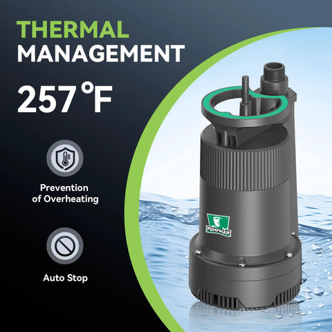 Compact One Quarter Horsepower Portable Water Pump That Delivers Up To 2110 GPH With A 25 Ft Head For Pool Basement Hot Tub And Garden Drainage 120V Electric Sump Pump With Garden Hose Check Valve Adapter, emphasizing thermal management at 257°F