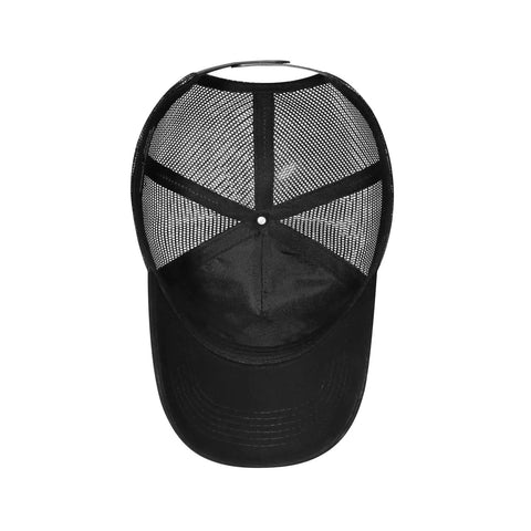 Top view of American Flag Trucker Hat Snapback For Men And Women Unisex Breathable Mesh Sides Adjustable Fit Casual Everyday Wear Dope Patriotic Cap Black On Black