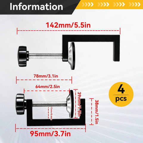 Four Piece Slick G Clamps for Woodworking with jaw sizes 142mm, 95mm, and rubber base for reliable grip in DIY projects.