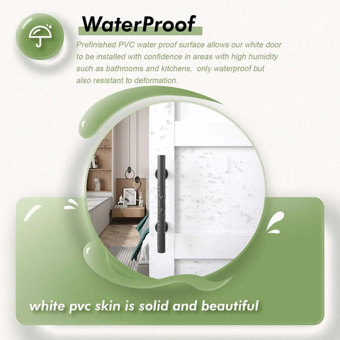 Close-up of 24x84 Inch White Barn Door With 4 Foot Sliding Hardware Kit And Handle Included MDF Solid PVC Surface DIY Assembly Easy To Install 5 Panel Rustic Modern Vibe Ideal For Farmhouse Rooms And Closets showcasing waterproof PVC surface in a modern room setting.