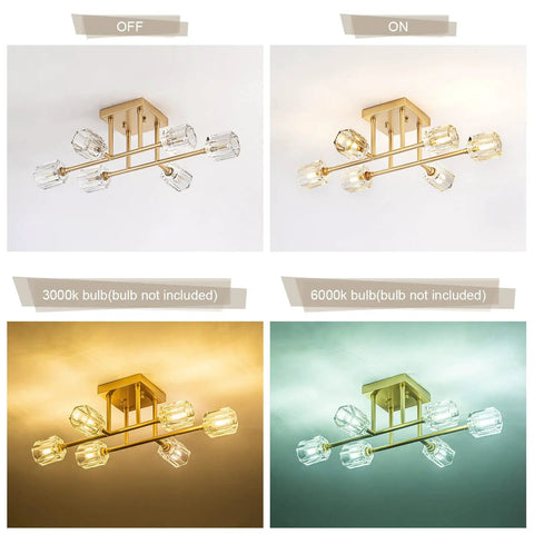 Comparison of 6 Light Brushed Gold Semi Flush Mount Ceiling Light Fixture, Modern Sputnik Chandelier off and on.