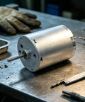 Top Shelf 24Mm RF-370CA DC Motor Goes Off At 12000RPM with metal shaft on workshop table among tools and debris.