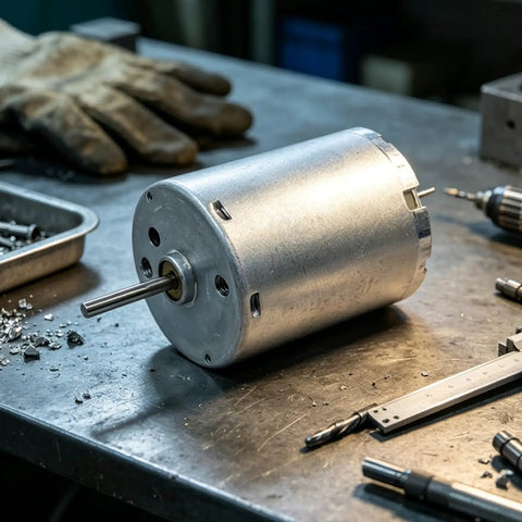 Top Shelf 24Mm RF-370CA DC Motor Goes Off At 12000RPM with metal shaft on workshop table among tools and debris.