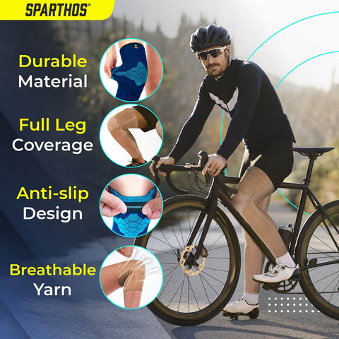Cyclist wearing Leg Compression Sleeve For Calf Knee And Thigh Recovery Pain Relief And All Day Comfy Support For Running Basketball Weightlifting