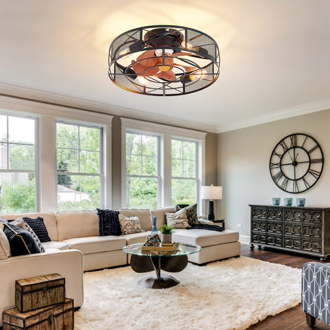19 Inch Caged Ceiling Fan With Light Kit, Four Lights, Low Profile Flush Mount in stylish living room setting with ceiling view