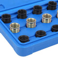 Premium Carbon Steel Thread Repair Kit For M14x1.25 And M16x1.25 Restores Damaged Bolts With Tough Tools Portable Design That Makes Fixing Stripped Threads No Big Deal For Your Garage Or Roadside Jobs. steel thread inserts in blue case