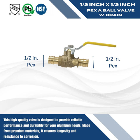Half Inch Pex A Ball Valve With Drain For Expansion F1960 Systems, Potable Water And Hydronic Heating, 400 PSI, brass valve image
