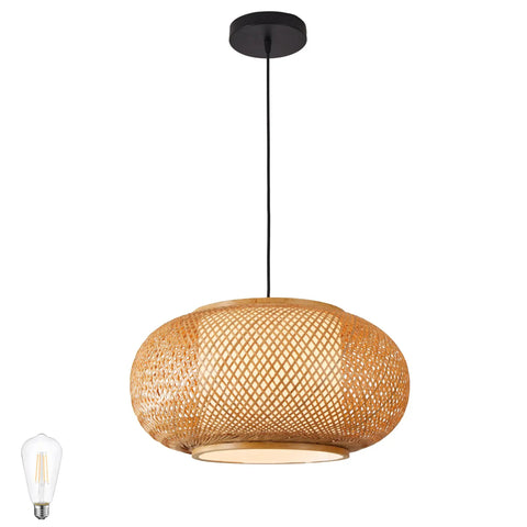 Basket Weave Bamboo Pendant Light With Natural Rattan Shade, 15 Inch Single Bulb Chandelier For Kitchen Island Or Nursery