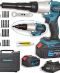 Heavy Duty 2 In 1 Electric Rivet Gun And Nutsetter Tool With Memory Mode, 5Ah battery pack, accessories and case.