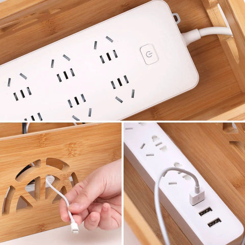 Close-up of Two Piece Bamboo Cable Organizer Box Set Large And Small Hide Wires And Power Strips Under Desk Or TV Stand Cord Management Box