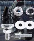 Spike License Plate Screws Kit For Cars, Motorcycles And Trucks 4 Pack Decorative Anti Theft Bolts In Stainless Steel And Aluminum Black Universal Fit Fasteners, showing dimensions and components.