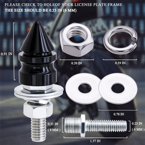 Spike License Plate Screws Kit For Cars, Motorcycles And Trucks 4 Pack Decorative Anti Theft Bolts In Stainless Steel And Aluminum Black Universal Fit Fasteners, showing dimensions and components.