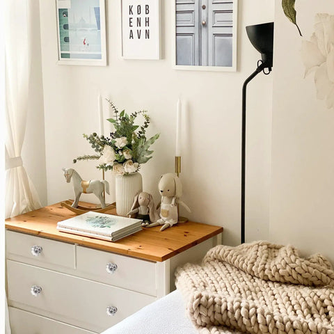Cozy room with white dresser featuring Crystal Glass Dresser Cabinet Knobs 8 Pack Brushed Nickel Octagon Pulls for Dresser Drawers