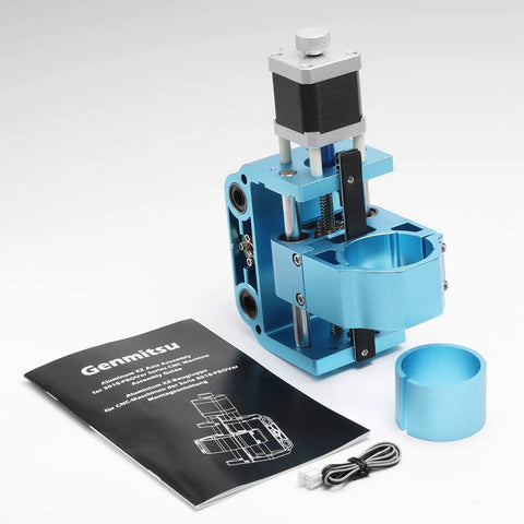 Beefed Up Aluminum Z Axis Assembly for 3018 ProVer CNC With 43mm and 52mm Spindle Mounts, 775 Spindle Ready, 300 To 500W Motor Support, Exchangeable Mounts for 65mm and 69mm Options, Plug And Play Retrofit, blue aluminum CNC part with manual