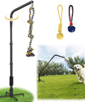 Tether Dog Toy Rack With 3 Tug Rope Toys Rotating Outdoor Tug Toy Stand for yard, park, lawn. Adjustable height, dog playing with toy.