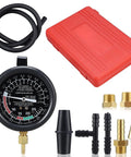 Fuel Pump And Vacuum Tester Gauge For Car Carburetor Diagnostics With Leak Testing Lets You Nail Fuel Pump Pressure To 10 PSI And Read Engine Vacuum To 28 InHg Includes Large Three And A Half Inch Adapters And Red Blow Mold Case. Black gauge, hose, brass adapters, red case