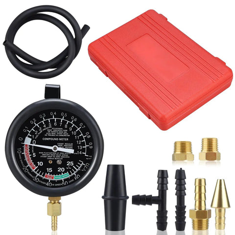 Fuel Pump And Vacuum Tester Gauge For Car Carburetor Diagnostics With Leak Testing Lets You Nail Fuel Pump Pressure To 10 PSI And Read Engine Vacuum To 28 InHg Includes Large Three And A Half Inch Adapters And Red Blow Mold Case. Black gauge, hose, brass adapters, red case
