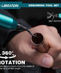 LIBRATON deburring tool with 360° rotation, teal handle, used to deburr copper pipe interior