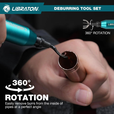LIBRATON deburring tool with 360° rotation, teal handle, used to deburr copper pipe interior