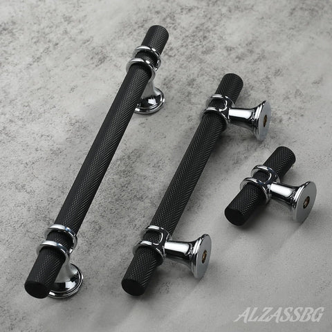Set Of 10 Matte Black And Silver Cabinet Pulls 3 Inch 76mm Hole Centers Knurled Cabinet Handles for modern kitchen hardware.