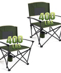 Big And Tall 400 Pound Heavy Duty Folding Camp Chair With Solid Metal Armrests And Swivel Cup Holder, 2-pack, green color