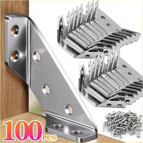 Heavy Duty Stainless Steel Corner Brackets For Furniture Shelves And Cabinets With Matched Screws Tough As Nails Angle Braces in silver.