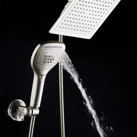Ultra Luxury 9 Inch Rainfall Shower Head And Handheld Combo With Push Button Flow Control Satin Nickel Finish