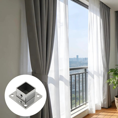 Beefy Heavy Duty Stainless Square Tube Flange Seats Approximately One Inch 25 mm Post Brackets with view of window and curtains