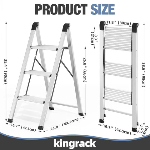 3 Step Aluminum Step Ladder Foldable For Home Use With Steel Frame Stable No Wobble Design Rust Resistant Coating 330 Lb Capacity Lightweight Yet Durable Perfect For Indoor Tasks And Quick Outdoor Fixes. 3-step foldable aluminum ladder size diagram