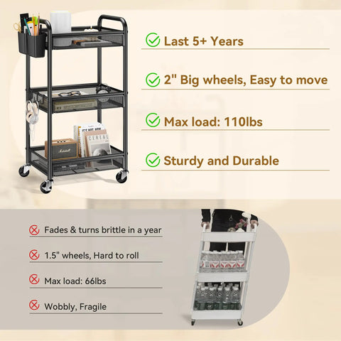 Three Tier Rolling Metal Cart With Wheels For Home Office Craft Kitchen Bedside Storage Dope Utility Cart With Hanging Cups Hooks And Mesh Basket Heavy Duty Black 110 Lbs Capacity, sturdy design comparison