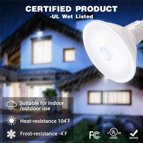 Boss Outdoor Motion Sensor Flood Light 5000K Daylight LED illuminating a house at night with rain, certified for wet conditions.
