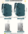 Size comparison of two airline approved travel backpacks with suitcases, showing medium and large sizes in peacock blue.