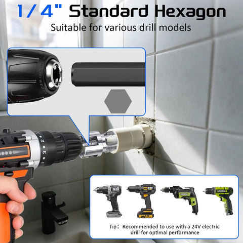 All In One Pro Grade Pipe Threader Kit For 1/2 3/4 And 1 Inch Pipes With Dual Threading For Internal And External Threads On PVC CPVC And ABS Drill Powered Speed shown attached to a drill in use on a wall pipe