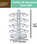 Silver Nespresso capsule holder for 40 pods, 9.5" high and 6.75" diameter. Not Large Sliding Capsule Drawer For Nespresso Original Line Holds 60 Pods Black Under Cabinet Coffee Storage Organizer Non Rolling Home Office Kitchen Bar Accessory Quick Easy Pod Picks