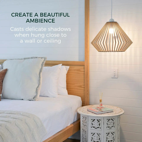 Wood Pendant Light With Adjustable Nylon Cord Modern Boho Ceiling Chandelier Basswood Frame And Oak Finish in bedroom