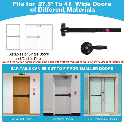Badass Emergency Exit Panic Bar With Blasting 100 Decibel Siren And Heavy Exterior Door Lever Rock Solid Commercial Access Control Setup Matte Black Finish Comes With Master Keys For Quick On Off Toggling