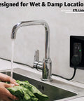 Heavy Duty Black GFCI Outlet 15Amp 30 Pack With LED Indicator Weather Resistant Shell installed in a wet kitchen area.