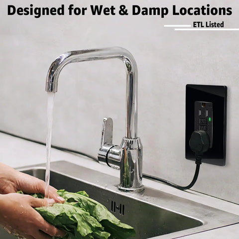 Premium Black GFCI Outlets 15 Amp 20 Pack With Bright LED Indicator And Weather Resistant Cover installed in a kitchen sink area.