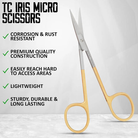 Pro Grade Micro Dissecting Scissors 4.5 Inch With Fine Point CVD Super Cut Edge Tungsten Carbide Inserts And Plasma Gold Rings