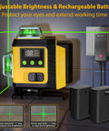360 Degree Self Leveling Laser Level With Tripod For Construction, Green 4D Laser, High Visibility And Precision, Safe Class II, Bright Line And Dot Projection, Ideal For Layout, Elevation, Plumb, And Leveling Projects, adjustable brightness, rechargeable battery