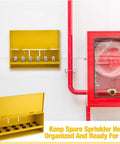 Heavy Duty Wall Mount Fire Sprinkler Head Storage Box Holds Twelve Heads Red Steel Cabinet, yellow cabinet with six sprinkler heads mounted on wall.