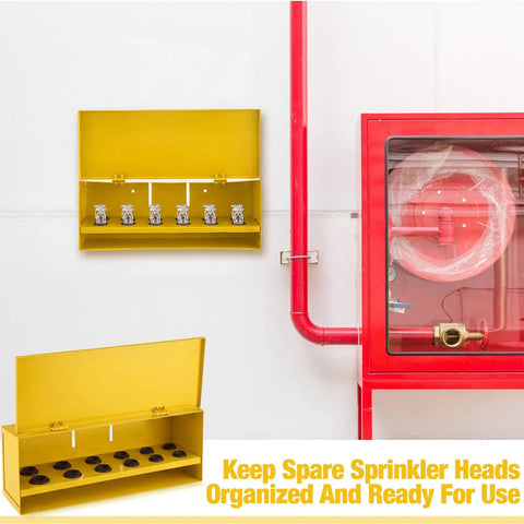 Heavy Duty Wall Mount Fire Sprinkler Head Storage Box Holds Twelve Heads Red Steel Cabinet, yellow cabinet with six sprinkler heads mounted on wall.